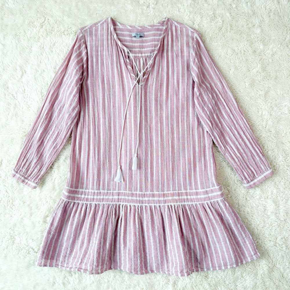Rails Woman Pink White Linen Stripe Relax Ruffle Tassel Tie Dress SMALL Sundress